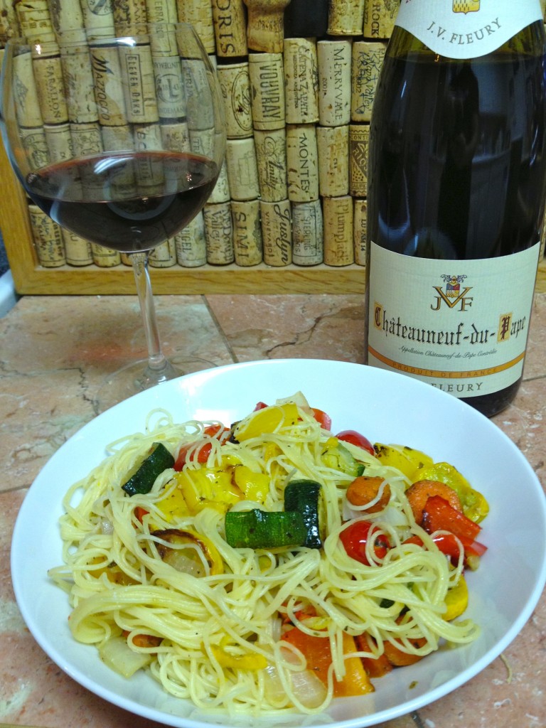 Pasta Primavera with a bottle of Chateauneuf de Pape (photo by Lee Porter)