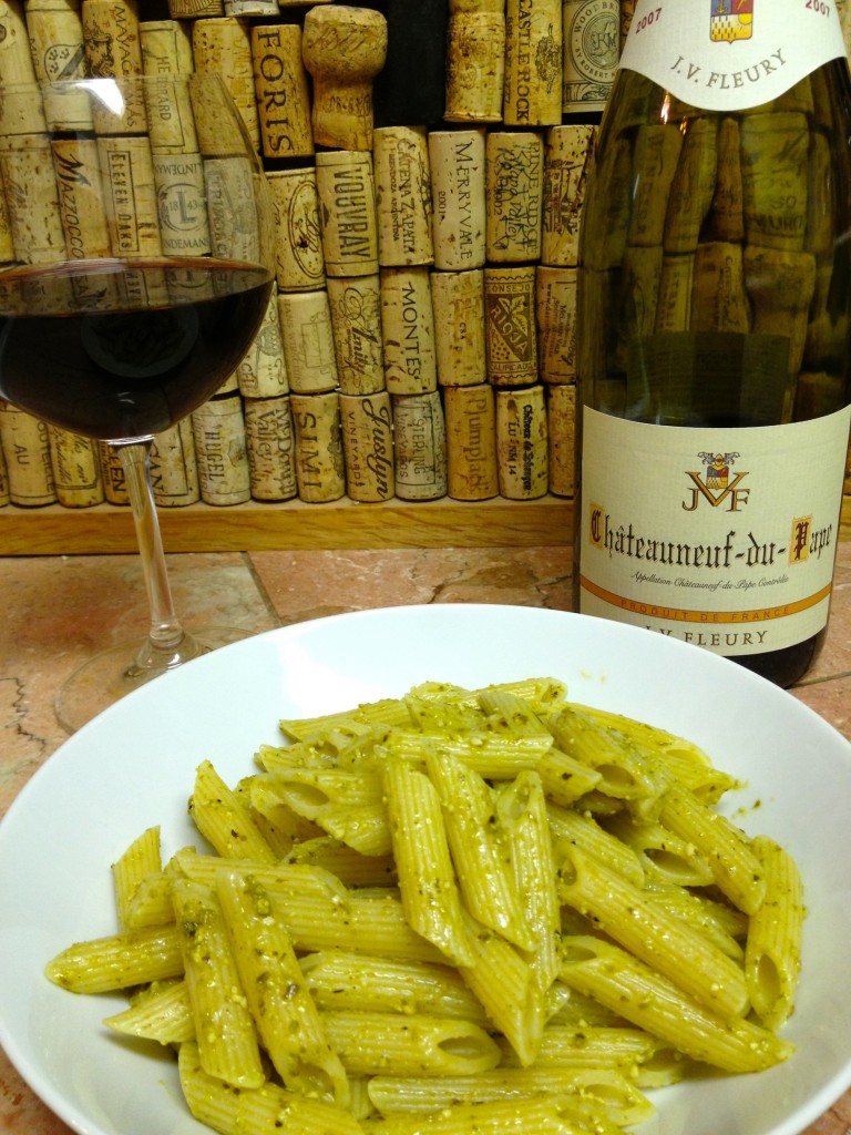 Pasta with Pesto plus a bottle of Chateauneuf du Pape (photo by Lee Porter)