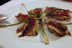 Grilled artichokes and garlic sprouts and Iberian ham in a "gastro-tavern" in Écija, Andalusia. OMG - so simple and so memorable (photo courtesy of James Blick)