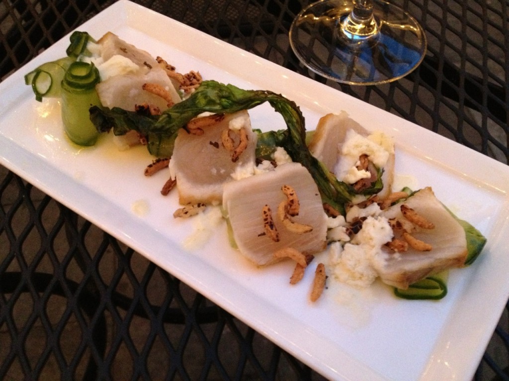 seared wahoo with cucumber rolls, fried cilantro, puffed wild rice & a lime creme fraiche sorbet at M Restaurant