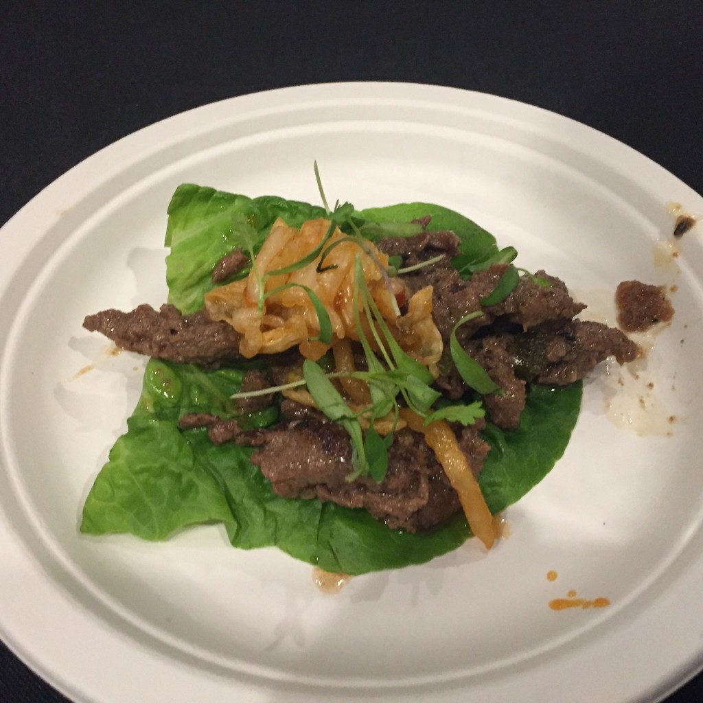 Good Dog Bar's Yards' Golden Hopportunity beef bulgogi lettuce cups w River Horse Roly Poly pils slaw at The Brewer's Plate 2017 (photo by Lee Porter)
