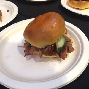 Tap Room On 19th's beer-smoked pork sammie w beer-brined pickles at The Brewer's Plate 2017 (photo by Lee Porter)